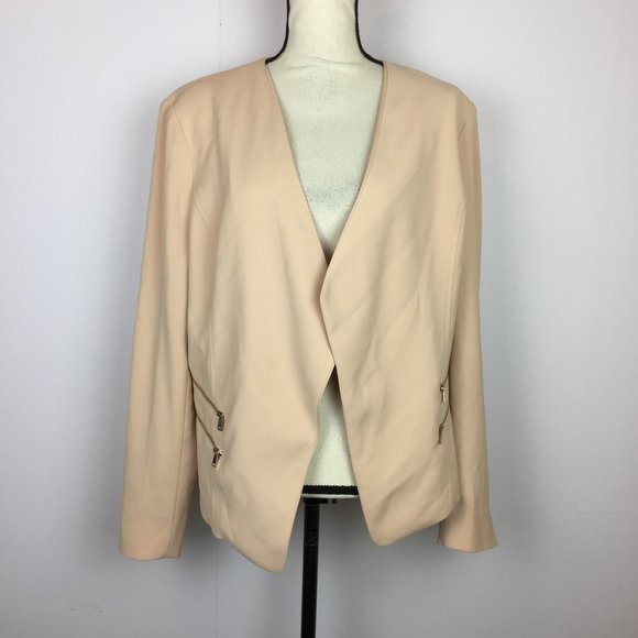 Cache Open Front Draped Blazer Jacket Size 12 Womans Beige Pink Long Sleeve Zip - Picture 1 of 14